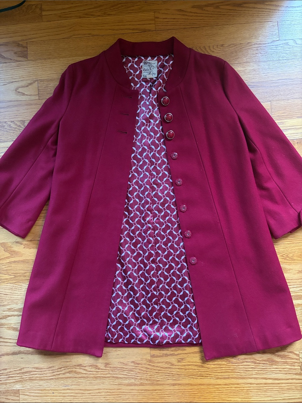 Vintage Tulle Original Clothing Wool-Blend Burgundy Coat with Patterned Lining